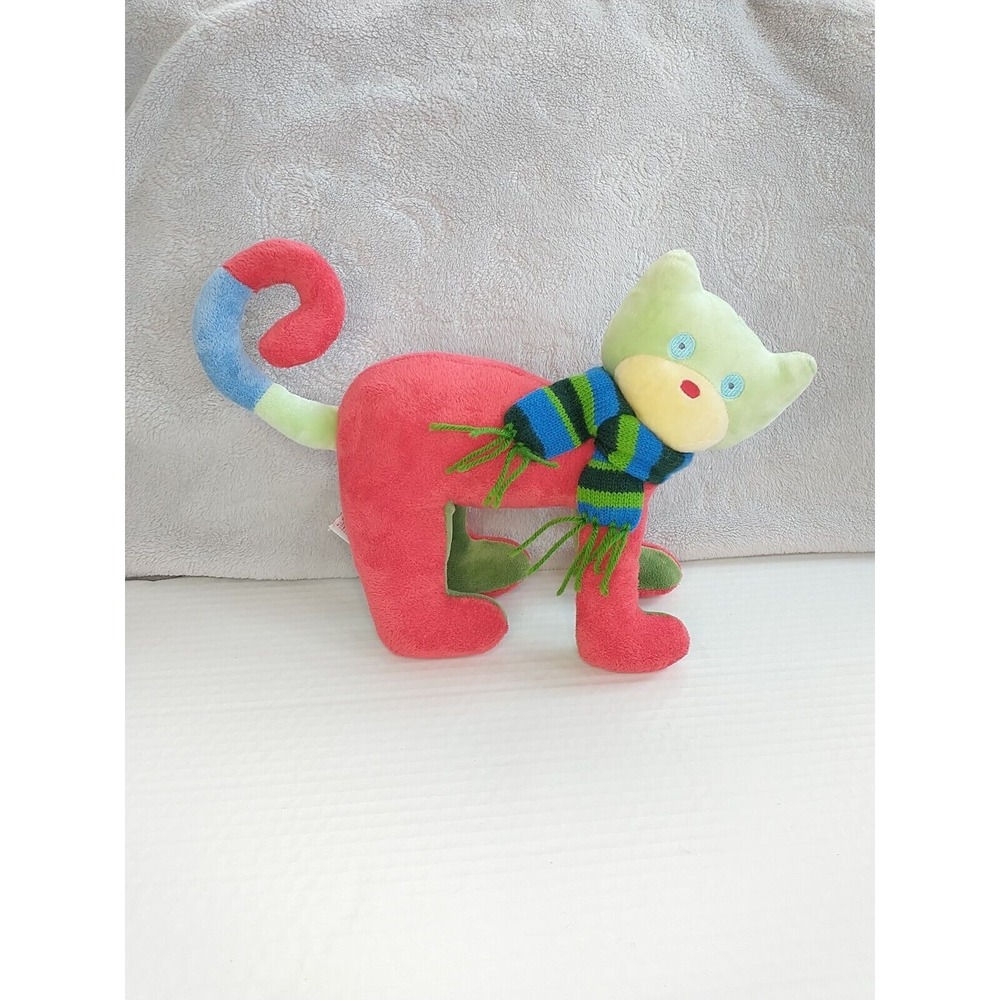 Russ Berrie Stuffed Toy Plush Cat Red Green Blue Yellow‎ Kitty Scarf Curly Tail